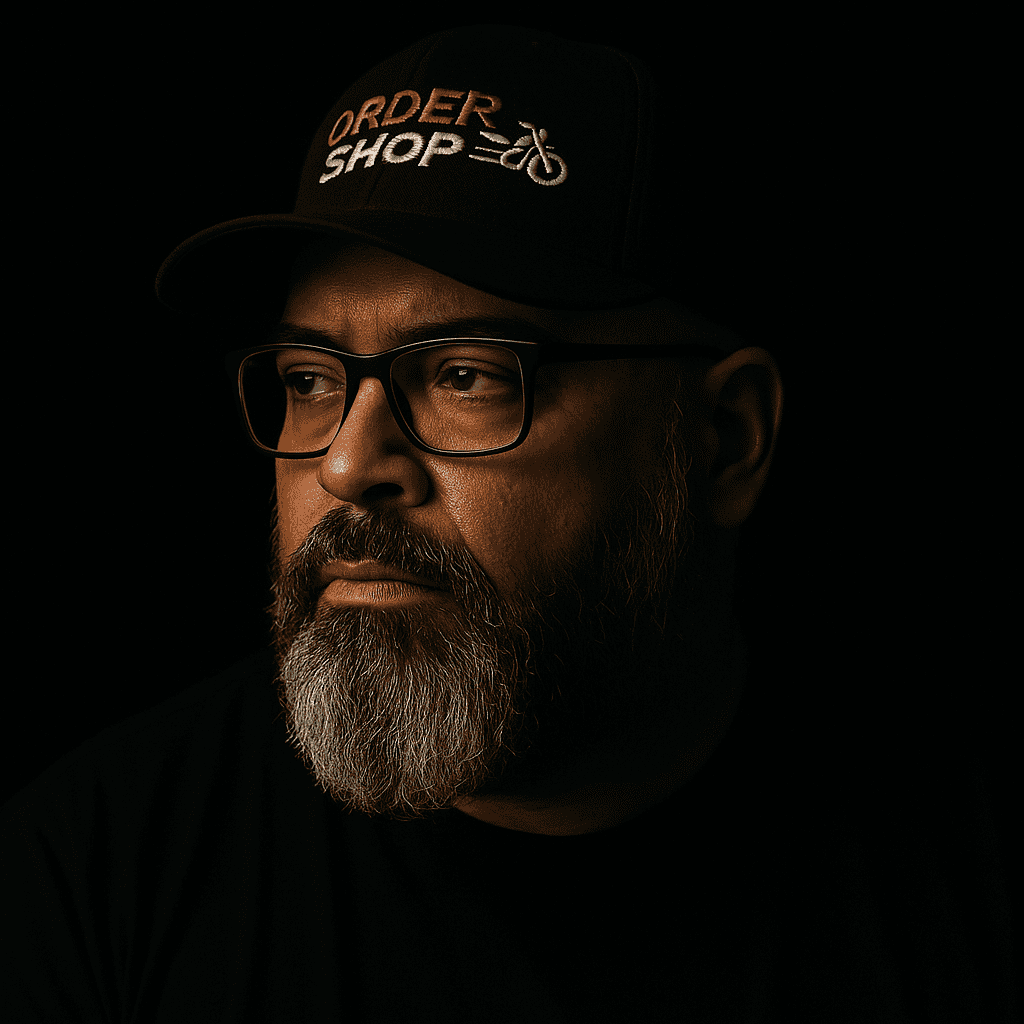 A bearded man with glasses and a cap reading "order shop" gazes to the side, set against a dark background.